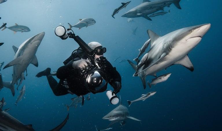 Potápěči pozorují žraloka v jeho přirozeném prostředí během bezpečného setkání v oceánu.